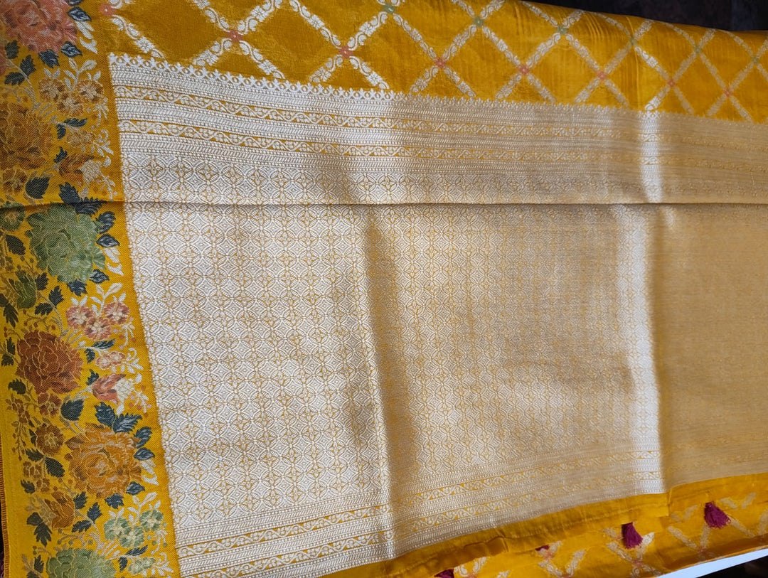 Mustard Yellow Meenakari Tussar Georgette Banarasi Saree