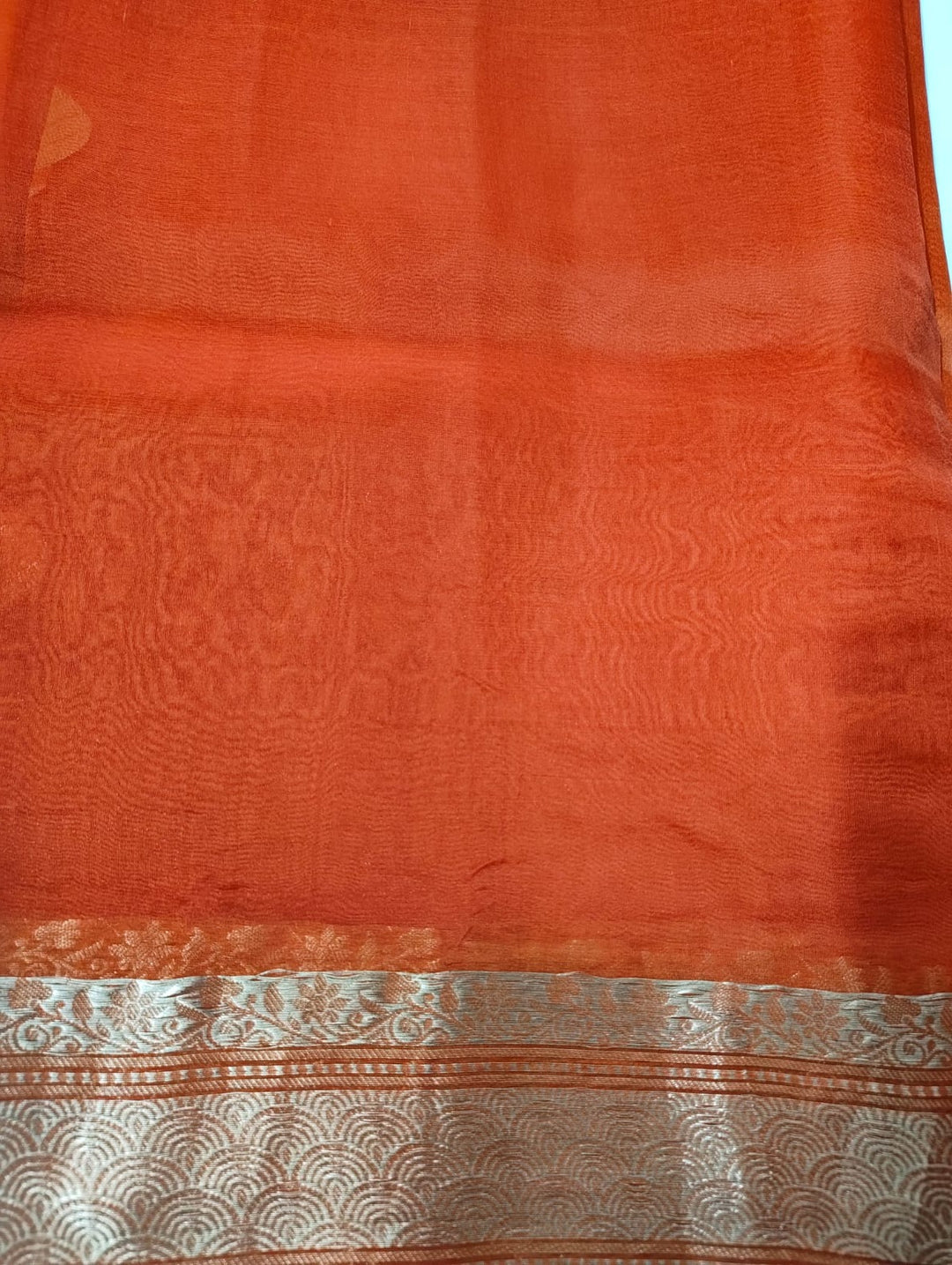 Vibrant Orange Pure Kora With Gold Zari Banarasi Saree