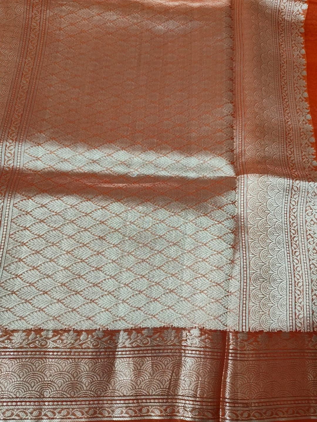 Vibrant Orange Pure Kora With Gold Zari Banarasi Saree