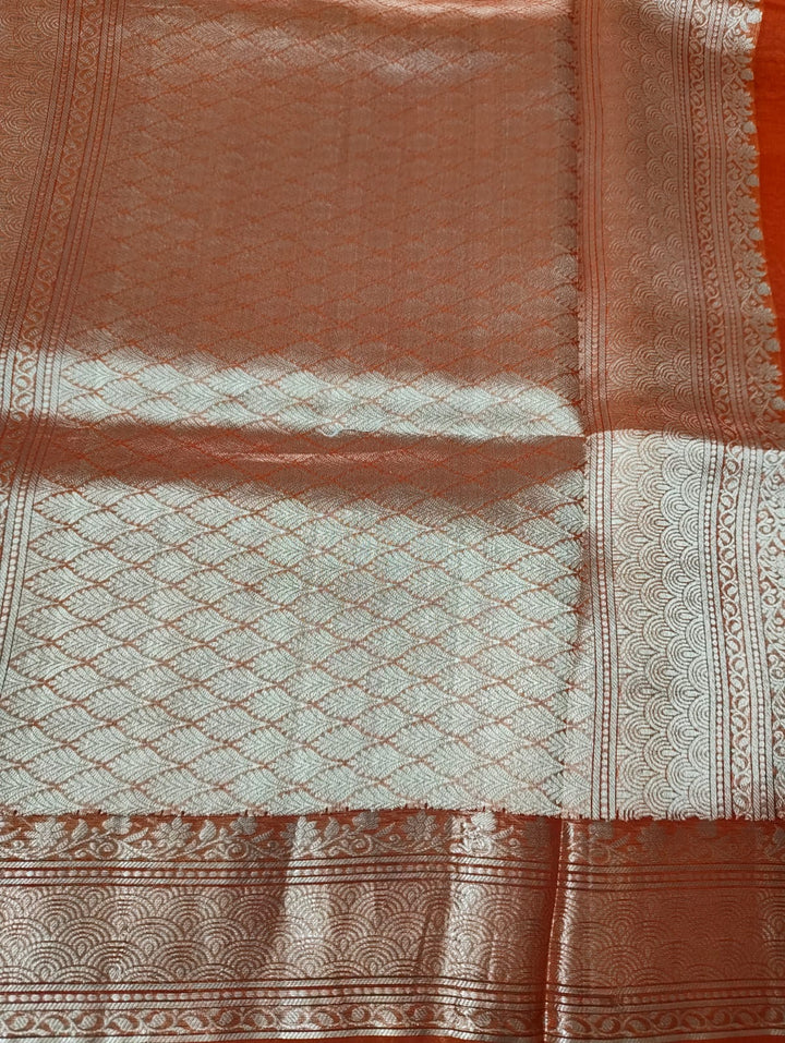 Vibrant Orange Pure Kora With Gold Zari Banarasi Saree