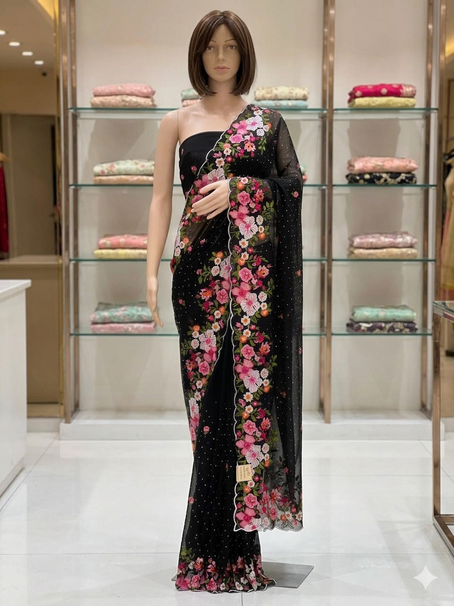 Midnight Black Georgette Saree with Multi-Color Kashmiri Embroidery