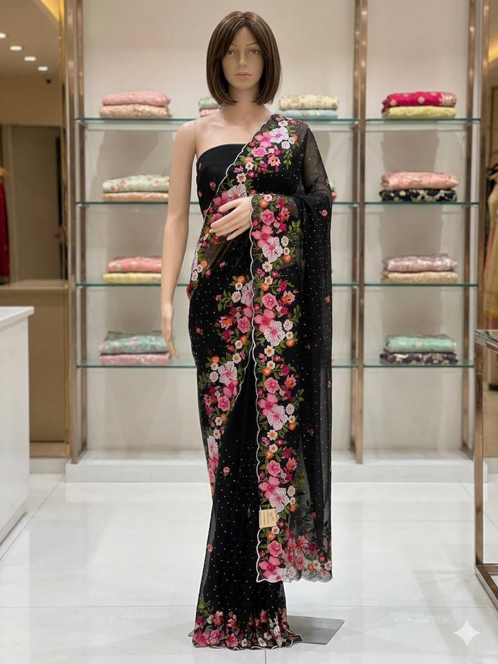 Midnight Black Georgette Saree with Multi-Color Kashmiri Embroidery