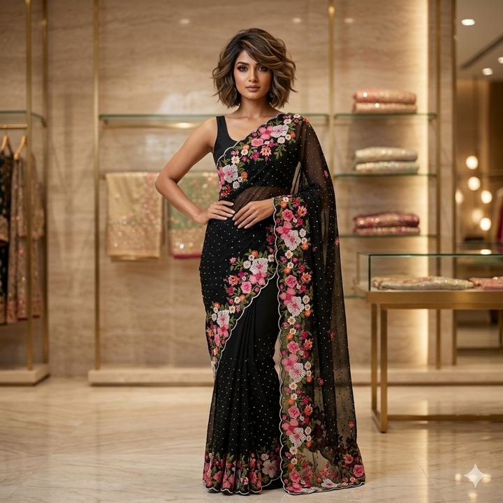 Midnight Black Georgette Saree with Multi-Color Kashmiri Embroidery