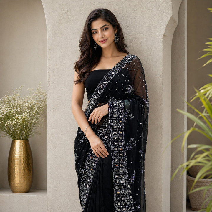 Midnight Black Georgette Saree with Elaborate Mirror Work Border