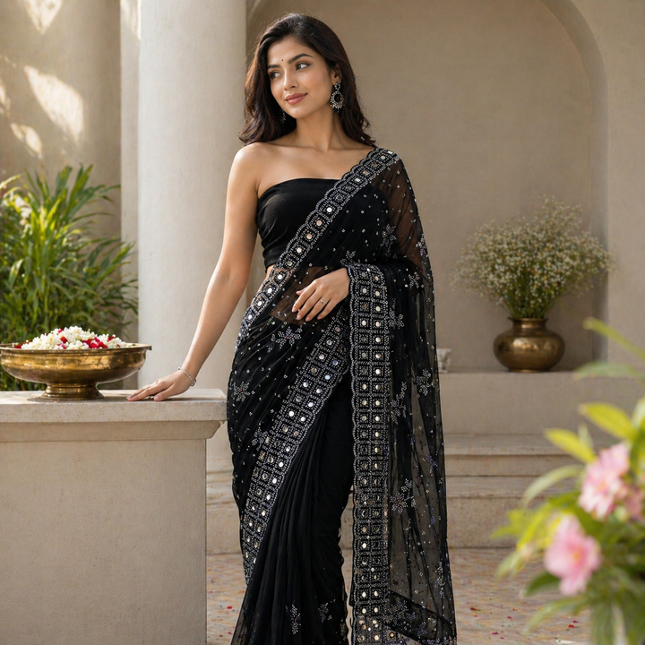 Midnight Black Georgette Saree with Elaborate Mirror Work Border