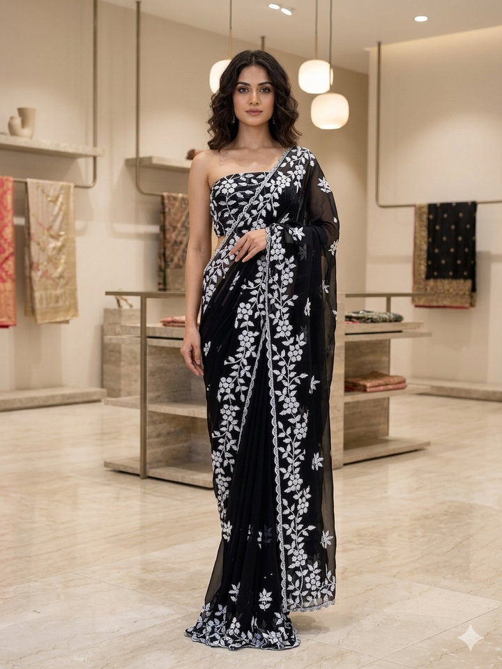 Black Georgette Party Wear Saree with White Lucknowi &amp; Moti Work