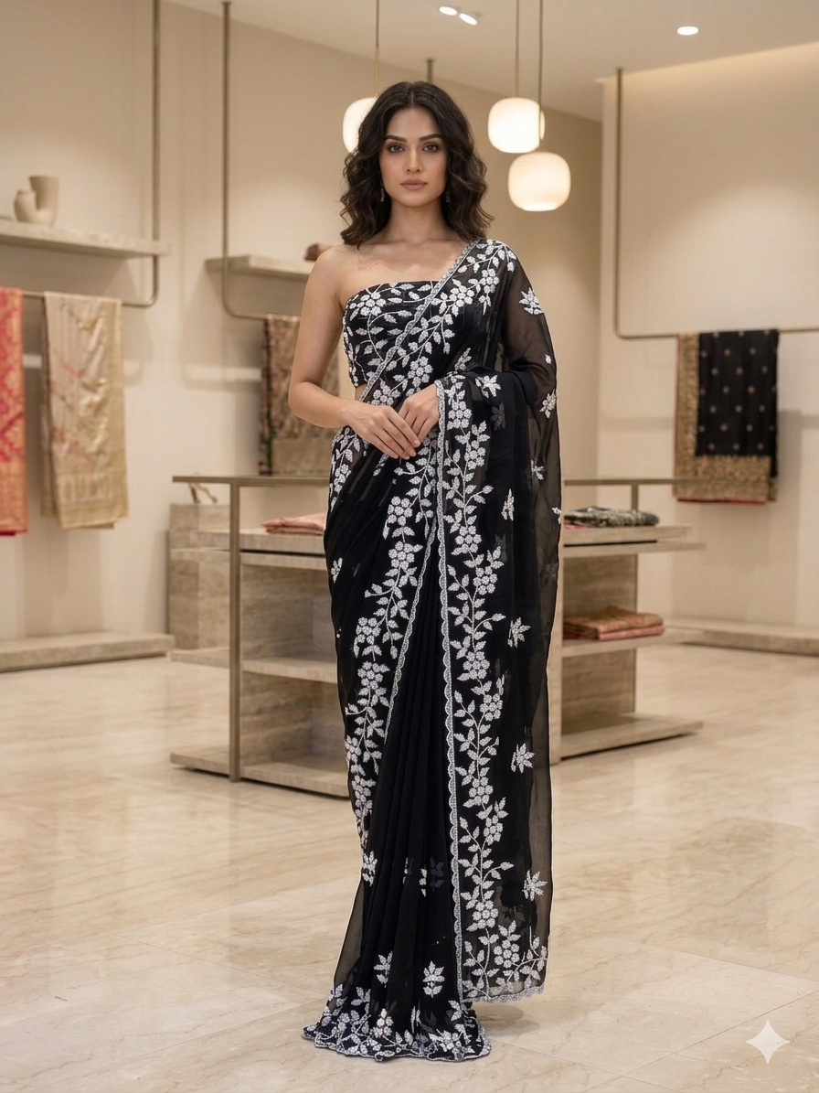 Black Georgette Party Wear Saree with White Lucknowi &amp; Moti Work