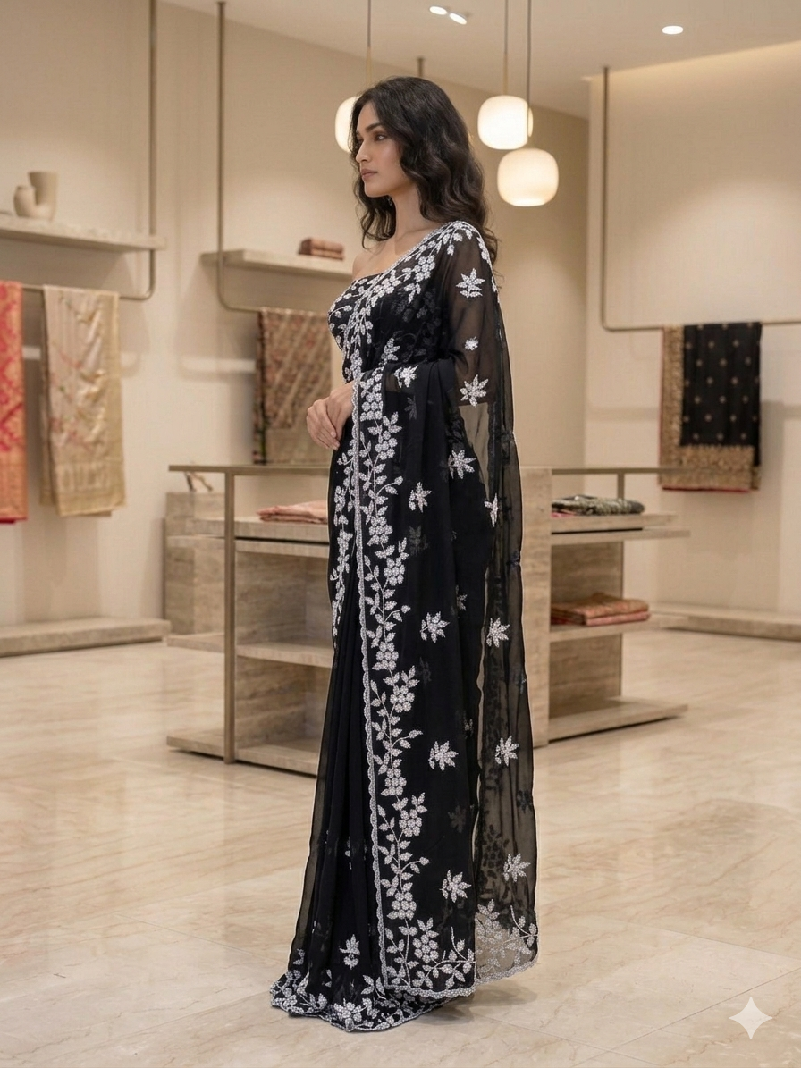 Black Georgette Party Wear Saree with White Lucknowi &amp; Moti Work