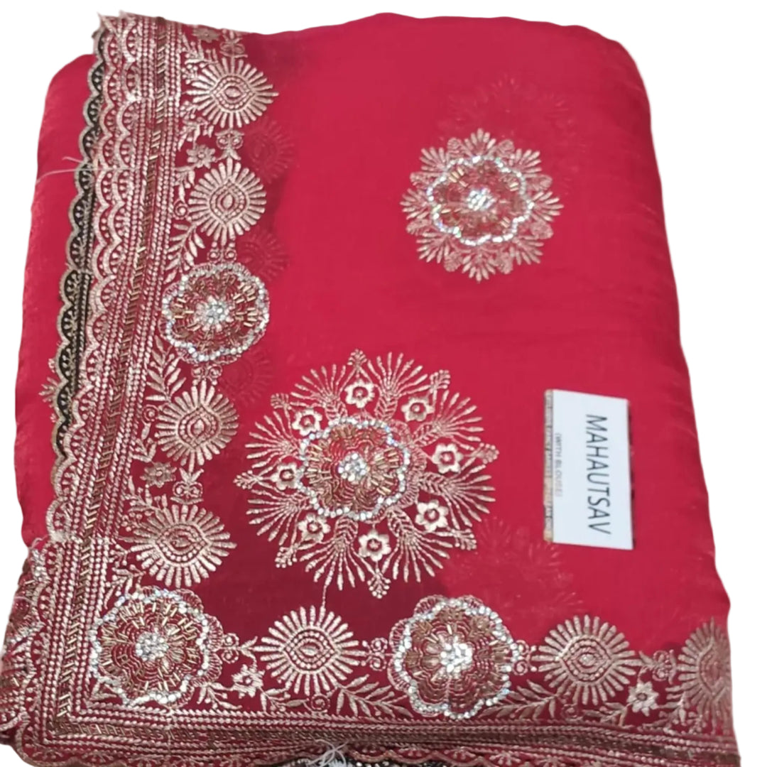 Red fabric with white floral embroidery