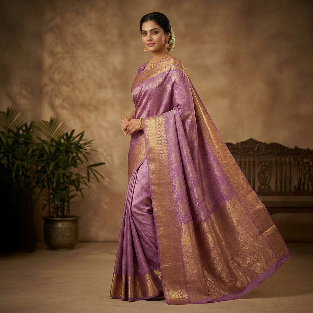 Lavender Pure Silk Kanchipuram Saree with Intricate Gold Zari Border
