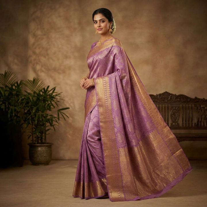 Lavender Pure Silk Kanchipuram Saree with Intricate Gold Zari Border