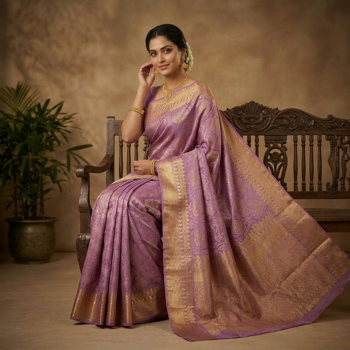 Lavender Pure Silk Kanchipuram Saree with Intricate Gold Zari Border