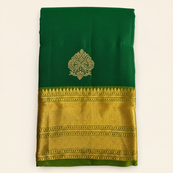 Emerald Green Pure Kanchipuram Silk Saree with Temple Zari Border