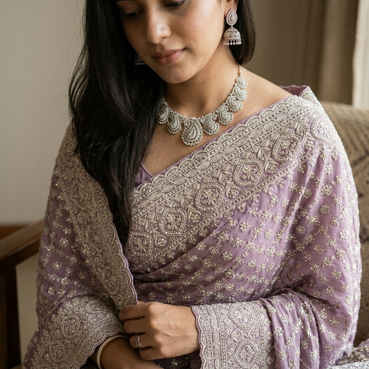 Lavender Blossom Crunchy Silk-Georgette Blend Party Wear Saree
