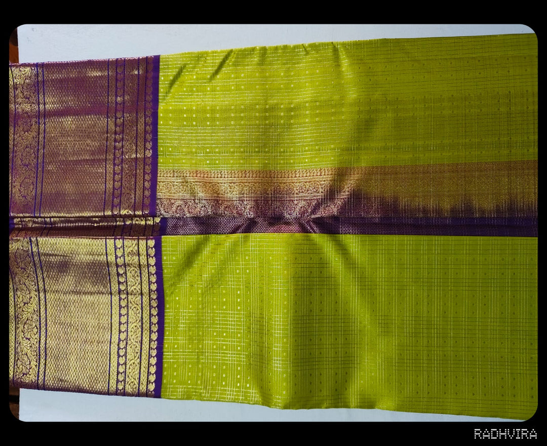 Lime Green Pure Kanchipuram Silk Saree with Purple Zari Border