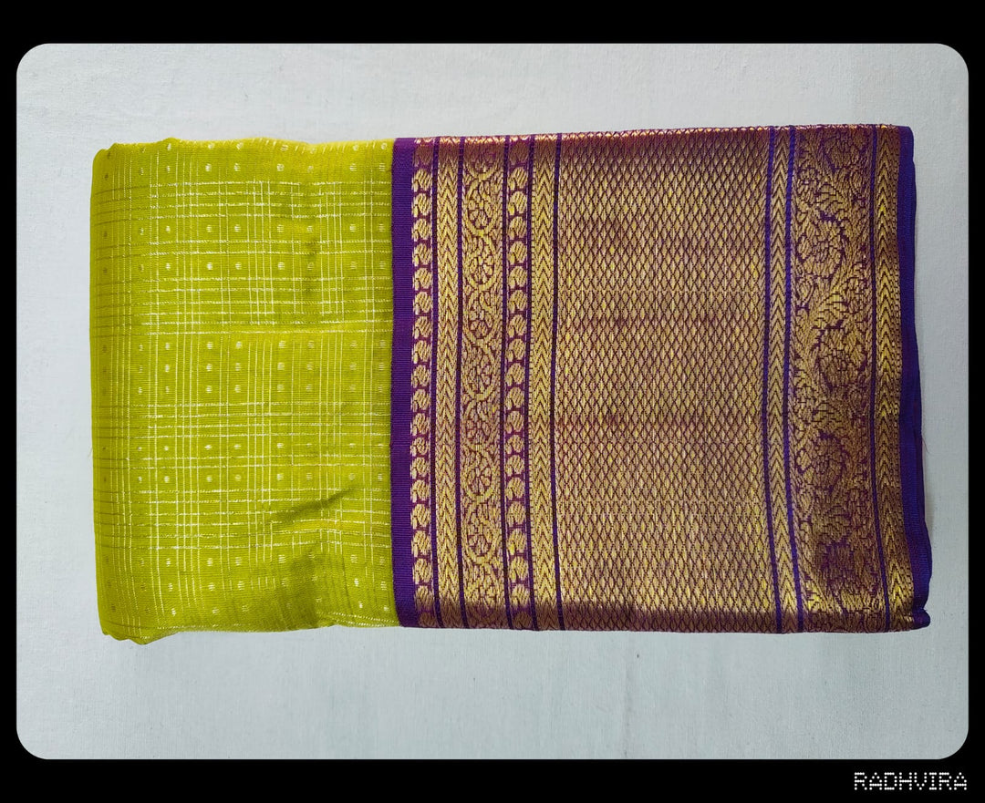 Lime Green Pure Kanchipuram Silk Saree with Purple Zari Border