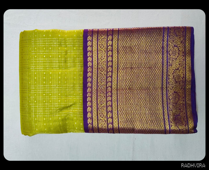 Lime Green Pure Kanchipuram Silk Saree with Purple Zari Border