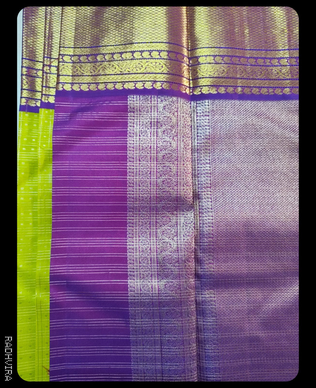 Lime Green Pure Kanchipuram Silk Saree with Purple Zari Border