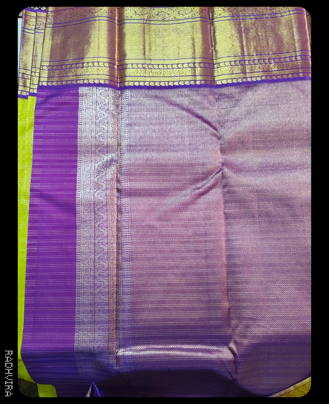 Lime Green Pure Kanchipuram Silk Saree with Purple Zari Border