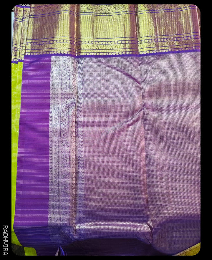 Lime Green Pure Kanchipuram Silk Saree with Purple Zari Border