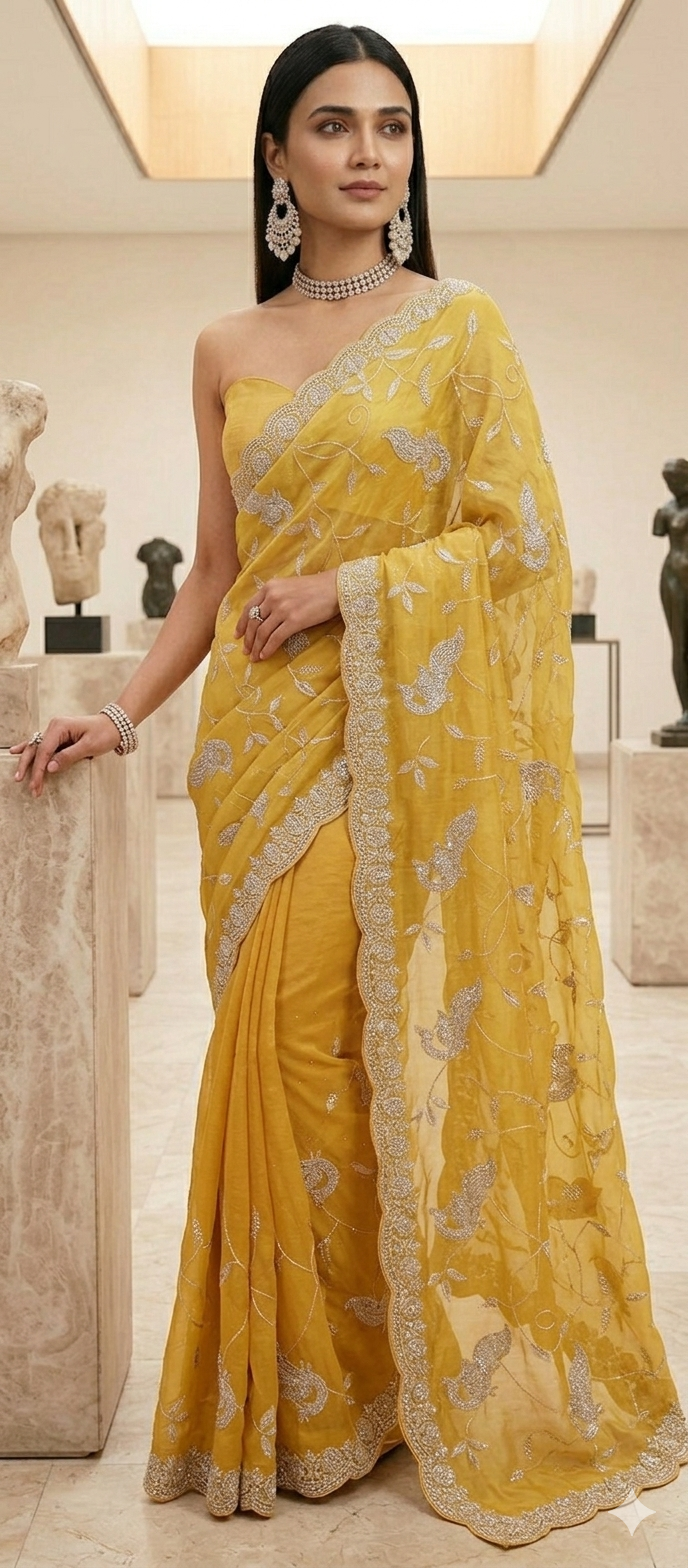 Radiant Mustard Yellow Crunchy Saree with Peacock Zari Embroidery