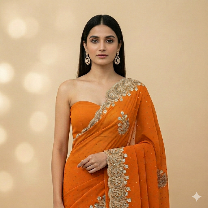 Orange Georgette Party Wear Saree with Exquisite Silver Zari &amp; Stone Embroidery