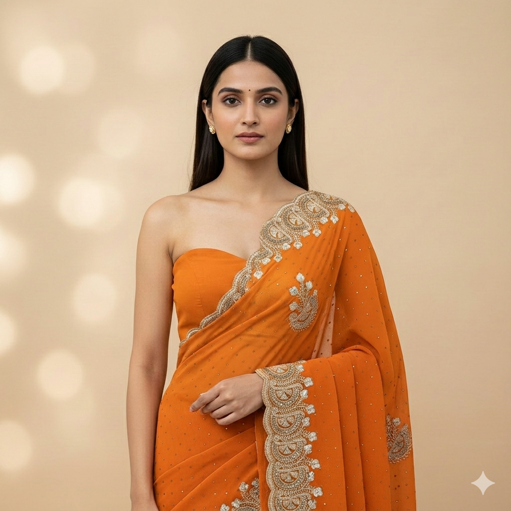 Orange Georgette Party Wear Saree with Exquisite Silver Zari &amp; Stone Embroidery