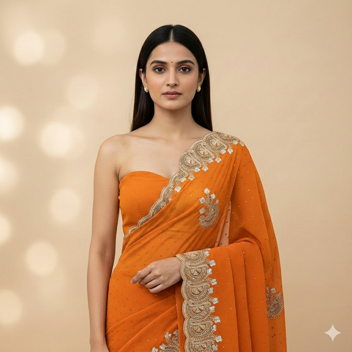 Orange Georgette Party Wear Saree with Exquisite Silver Zari &amp; Stone Embroidery