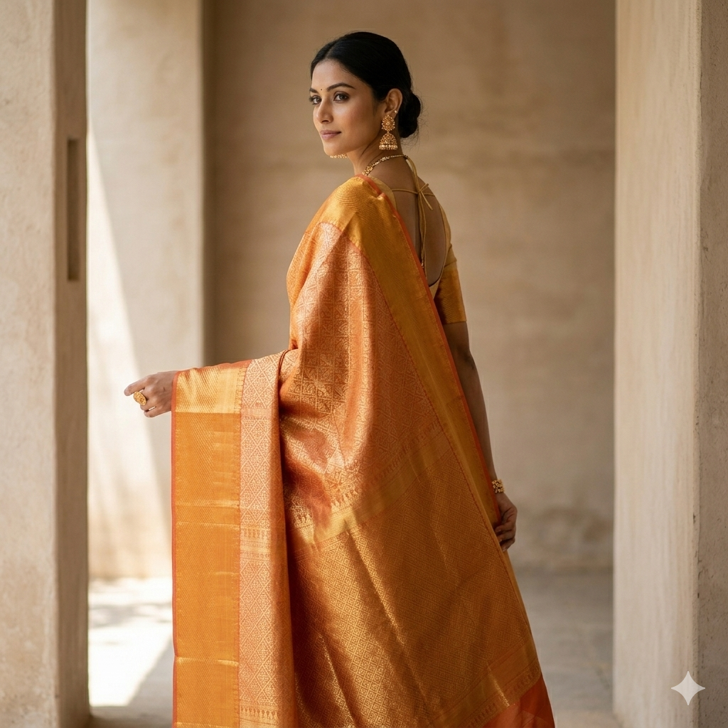 Shimmering Orange Gold Kanchipuram Tissue Silk Saree