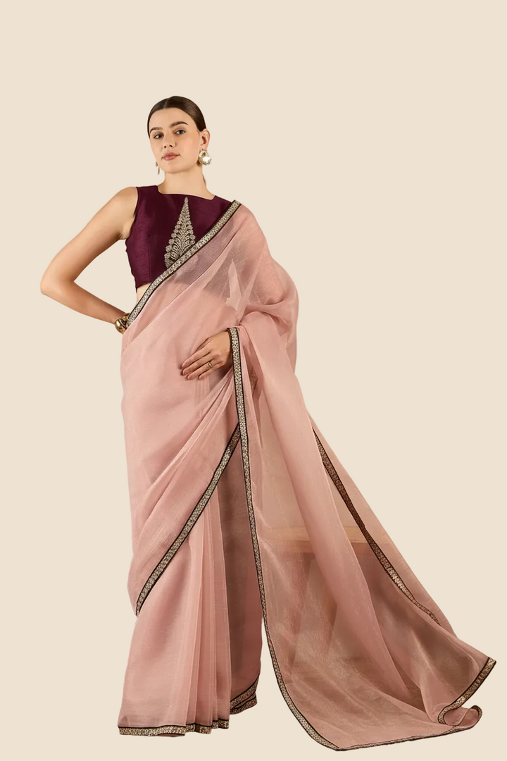 Peach Organza Solid With Embroidered Border Party Wear Saree