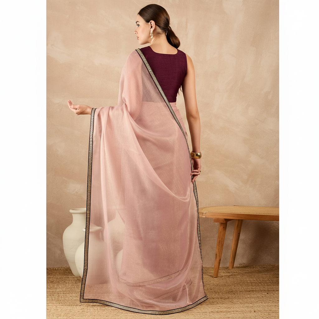 Peach Organza Solid With Embroidered Border Party Wear Saree