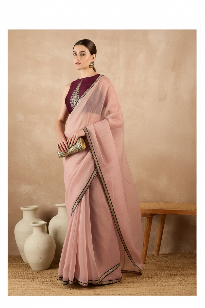 Peach Organza Solid With Embroidered Border Party Wear Saree