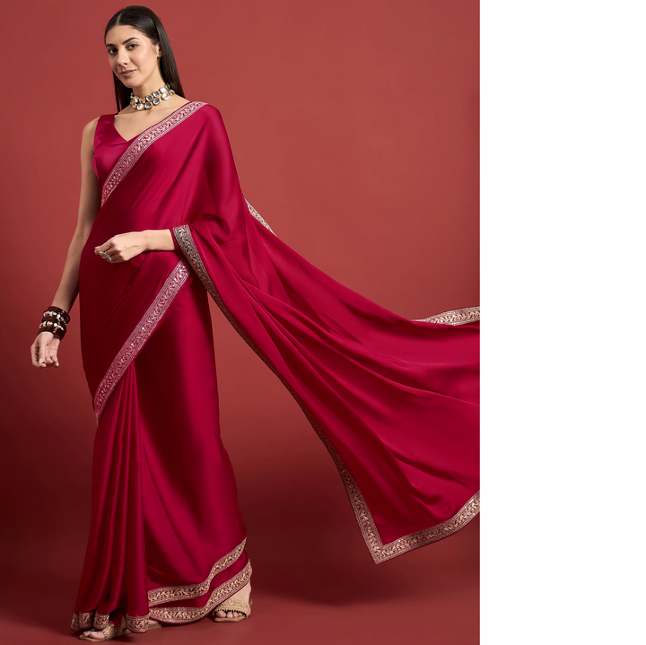Pink Satin Solid With Embroidered Border Saree