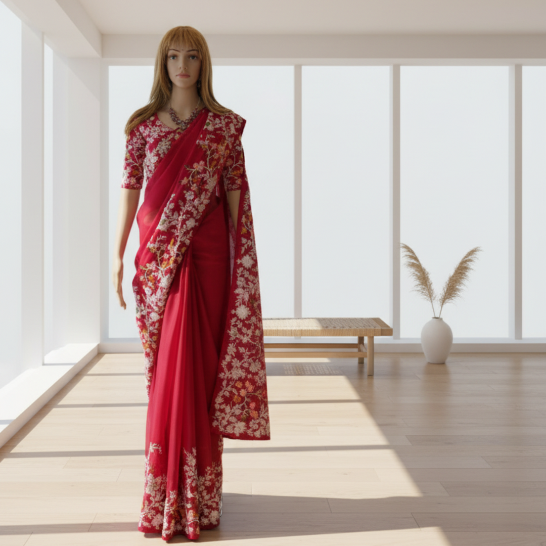 Red saree with white floral patterns