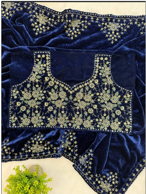 Royal Blue Velvet Saree with Intricate Floral Embroidery