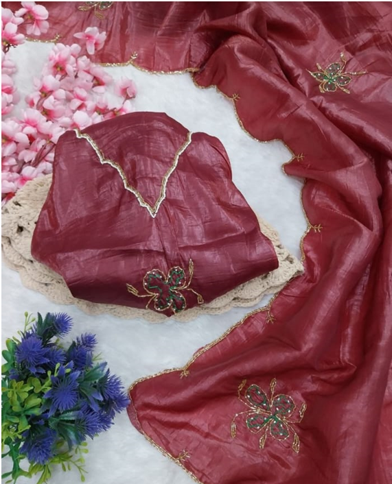 Elegant Wine Deep Rose Soft Tissue Crush Saree