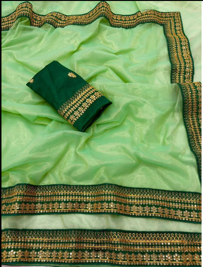 Mint Green Twill Net Saree with Shimmering Sequin Embroidery Border