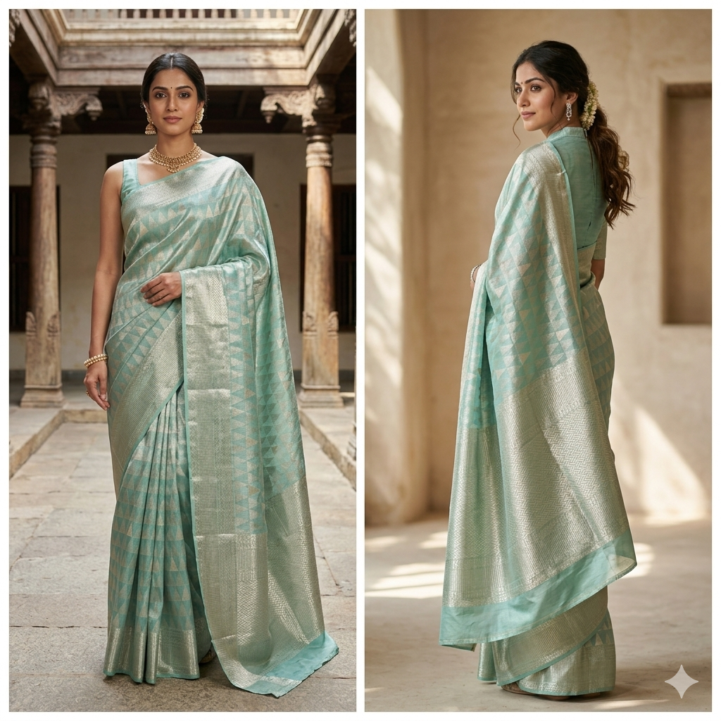 Seafoam Green Geometric Tissue Pure Kanchipuram Saree