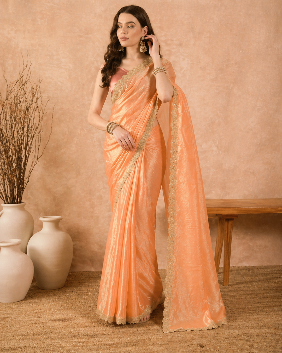 Sunset Peach Orange Organza Solid with Gota Lace Saree
