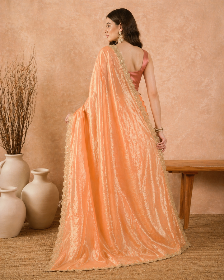 Sunset Peach Orange Organza Solid with Gota Lace Saree