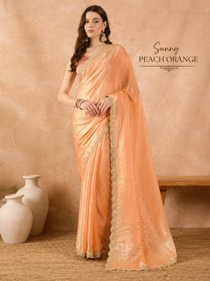 Sunset Peach Orange Organza Solid with Gota Lace Saree