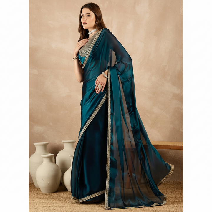 Teal Blue Satin Solid With Sequenced Border Saree