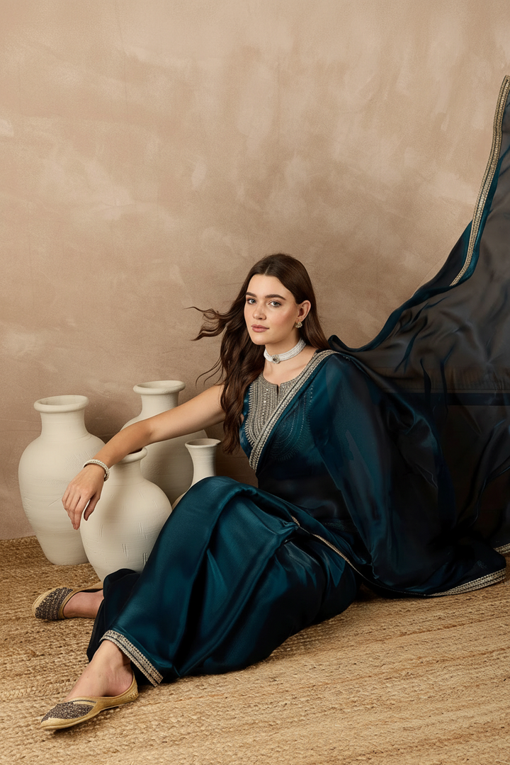 Teal Blue Satin Solid With Sequenced Border Saree