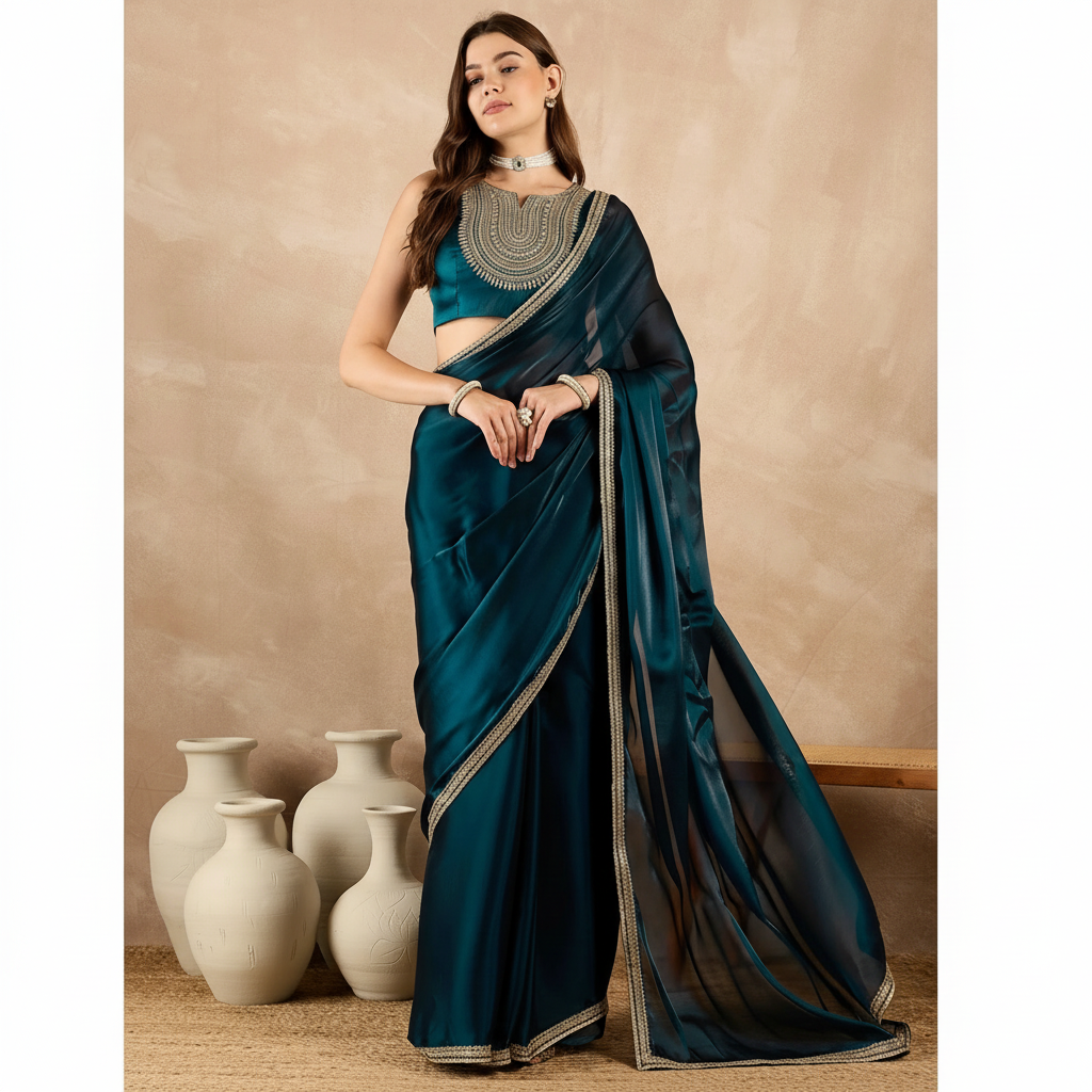 Teal Blue Satin Solid With Sequenced Border Saree