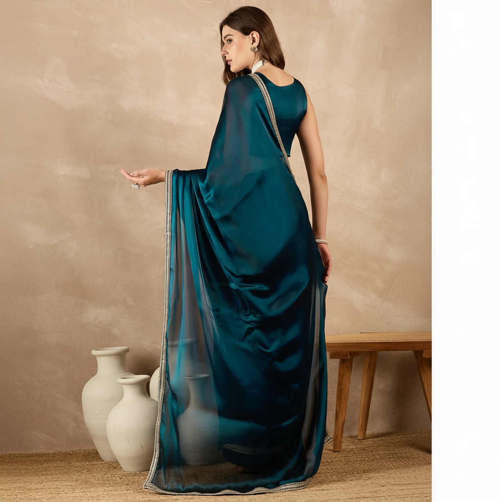 Teal Blue Satin Solid With Sequenced Border Saree