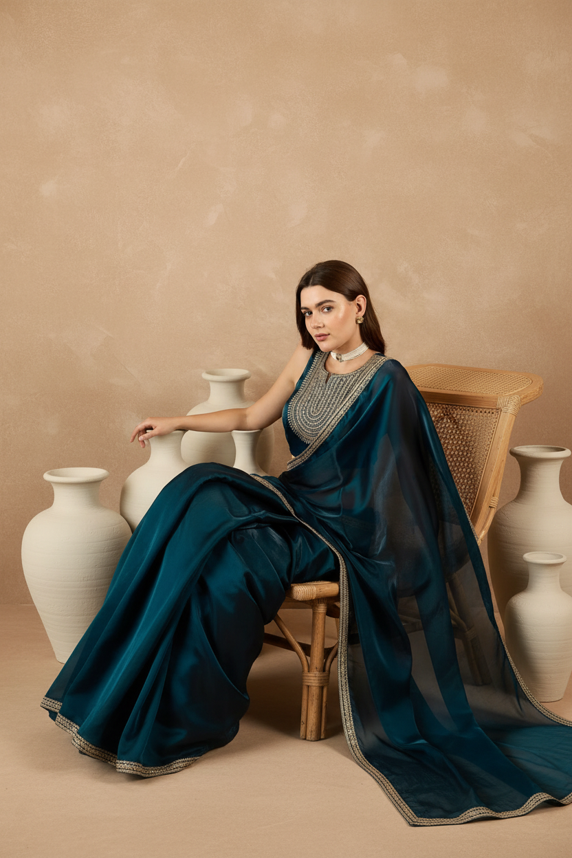 Teal Blue Satin Solid With Sequenced Border Saree