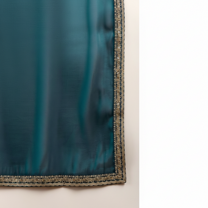 Teal Blue Satin Solid With Sequenced Border Saree
