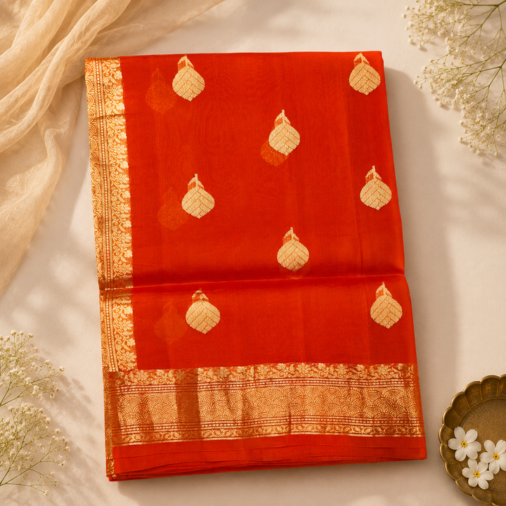 Vibrant Orange Pure Kora With Gold Zari Banarasi Saree