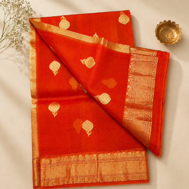 Vibrant Orange Pure Kora With Gold Zari Banarasi Saree