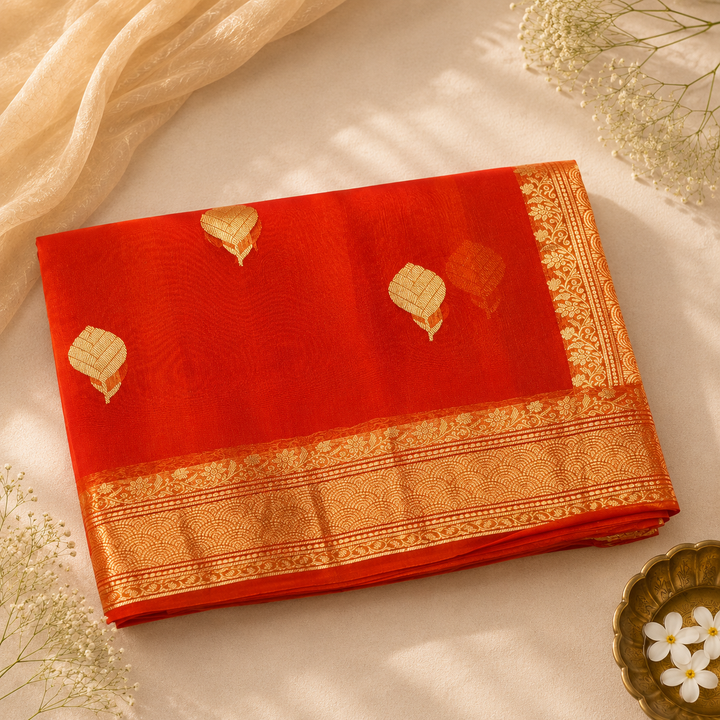 Vibrant Orange Pure Kora With Gold Zari Banarasi Saree